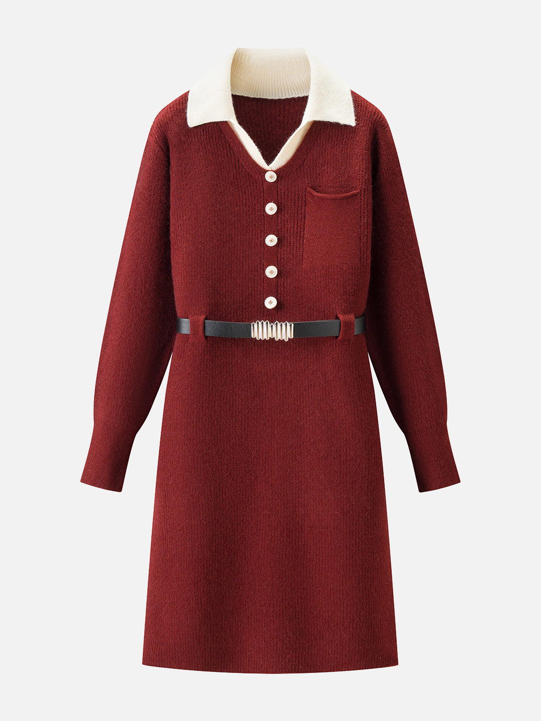 革ベルト付き配色襟ニットワンピース　3色入 - SonderSable