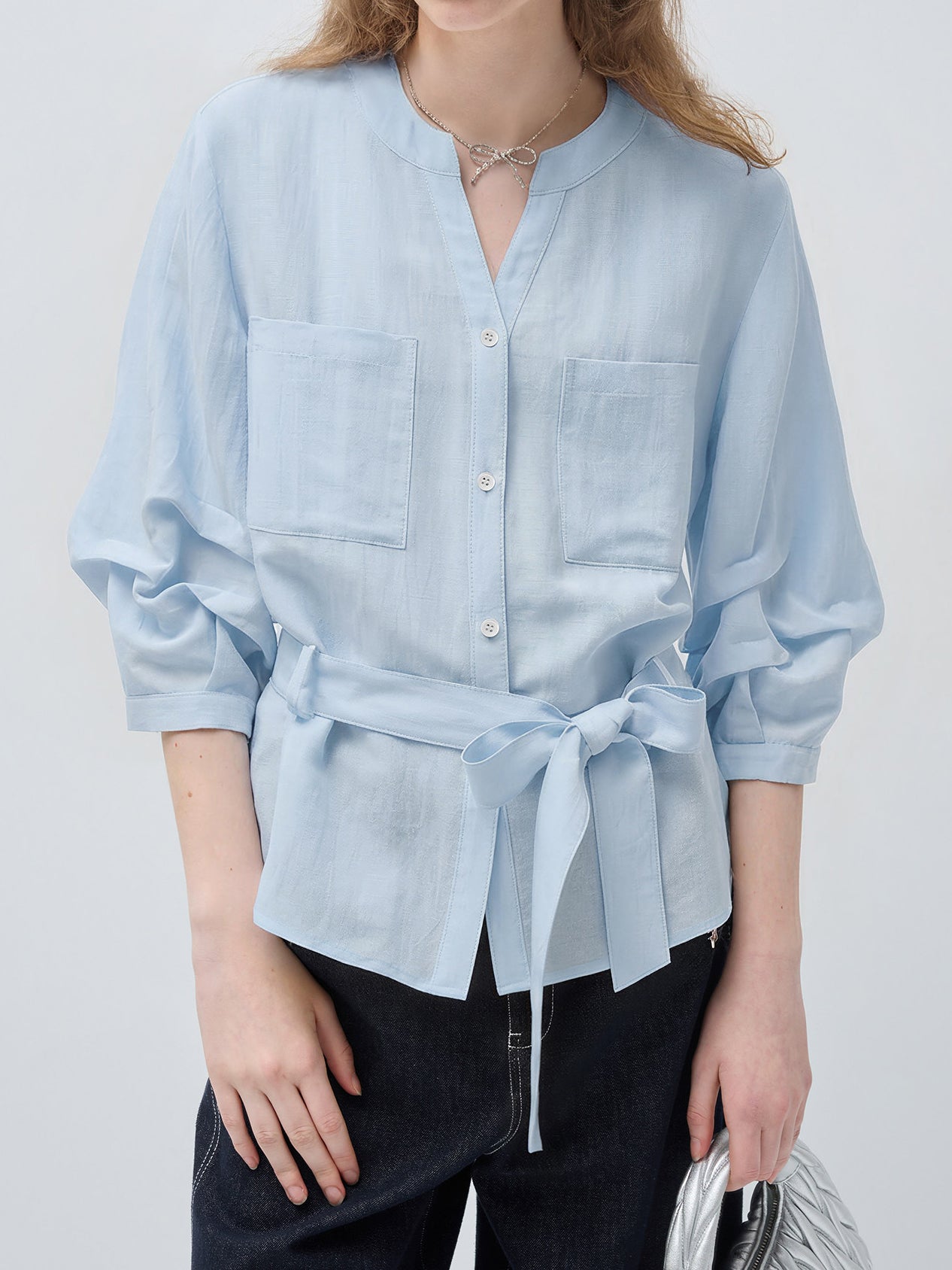 Key Neck Linen-Look Belted Blouse (4 Colors Available)