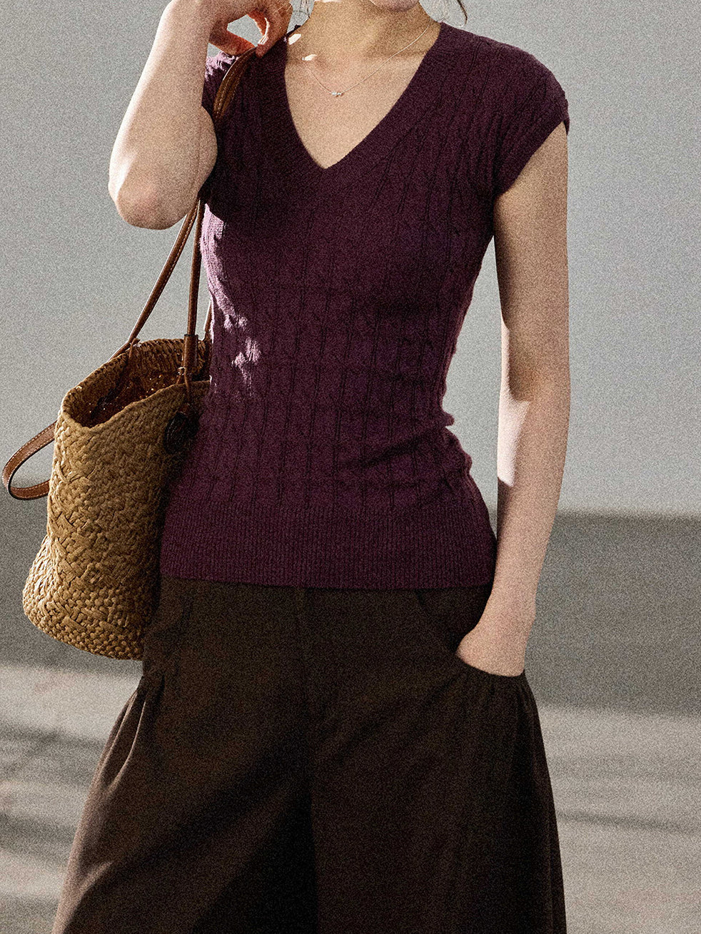 V-Neck Cable Knit French Sleeve Sweater (5 colors)