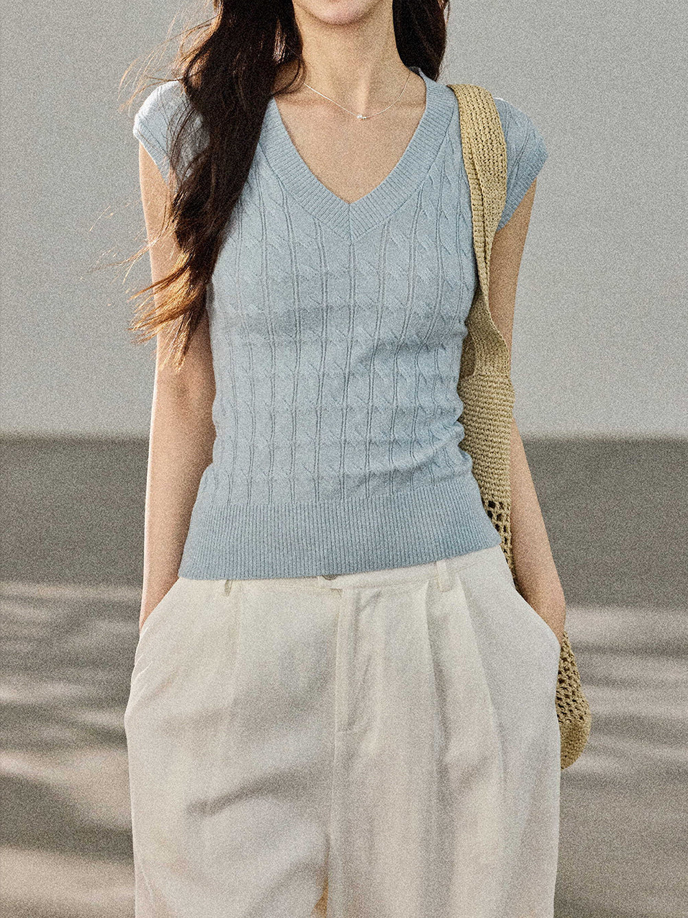 V-Neck Cable Knit French Sleeve Sweater (5 colors)