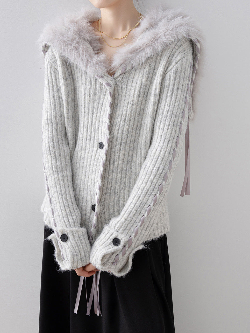 セーラーカラー編み込みロングリボンニットカーディガン　3色入 - SonderSable