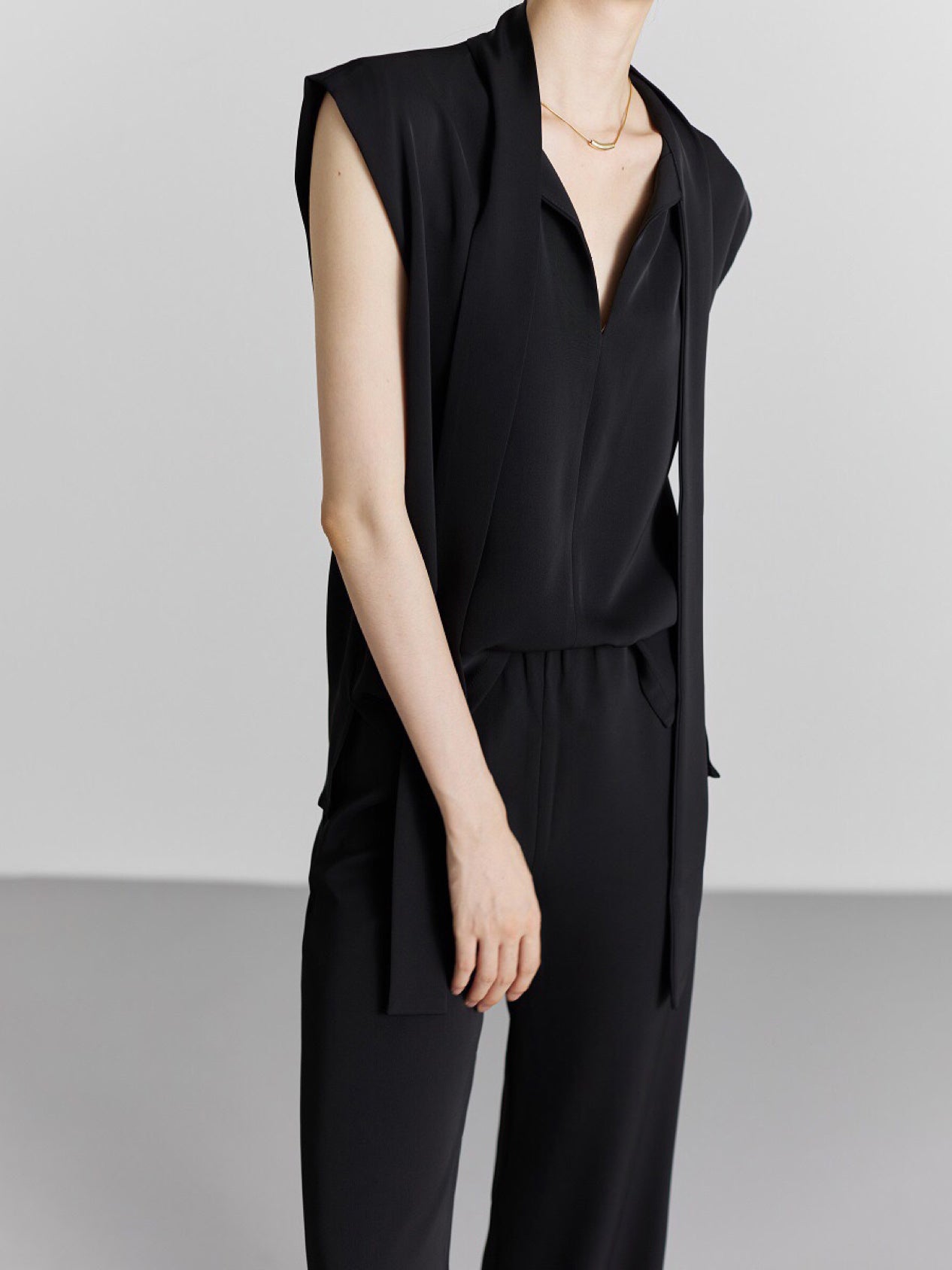 Bowtie collar sleeveless blouse + wide pants SET 2 colors