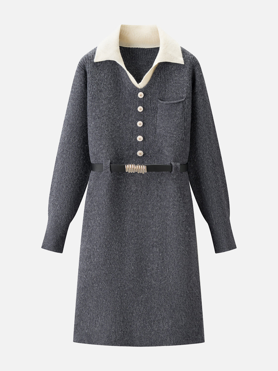 革ベルト付き配色襟ニットワンピース　3色入 - SonderSable