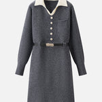 革ベルト付き配色襟ニットワンピース　3色入 - SonderSable