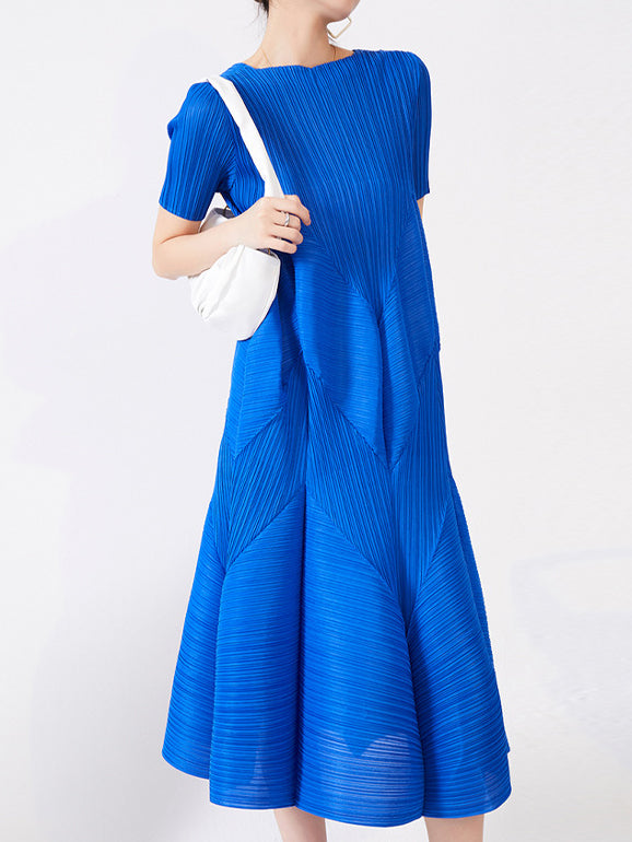 3D pleated short sleeve flared dress (4 colors)