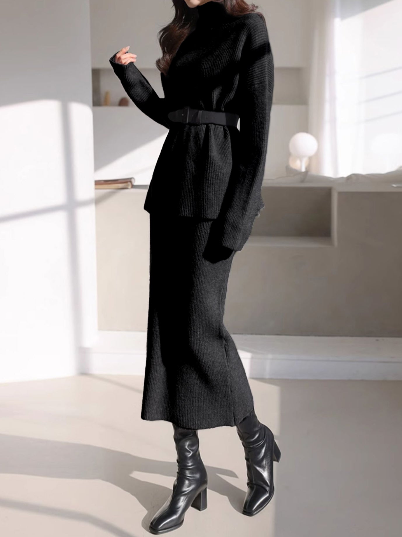 High-neck knit with buckle belt + narrow knit skirt set (2 colors)