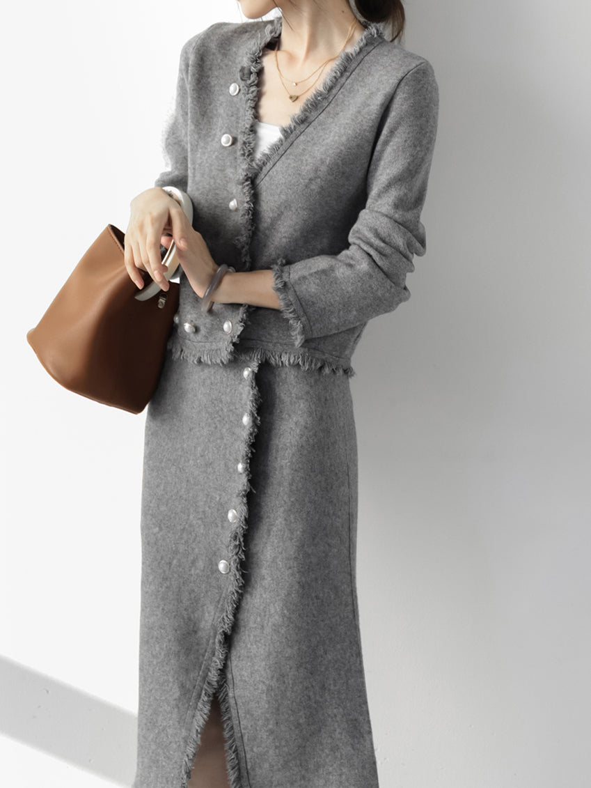 Fringe jewel button knit cardigan + front slit fringe skirt set (4 colors)