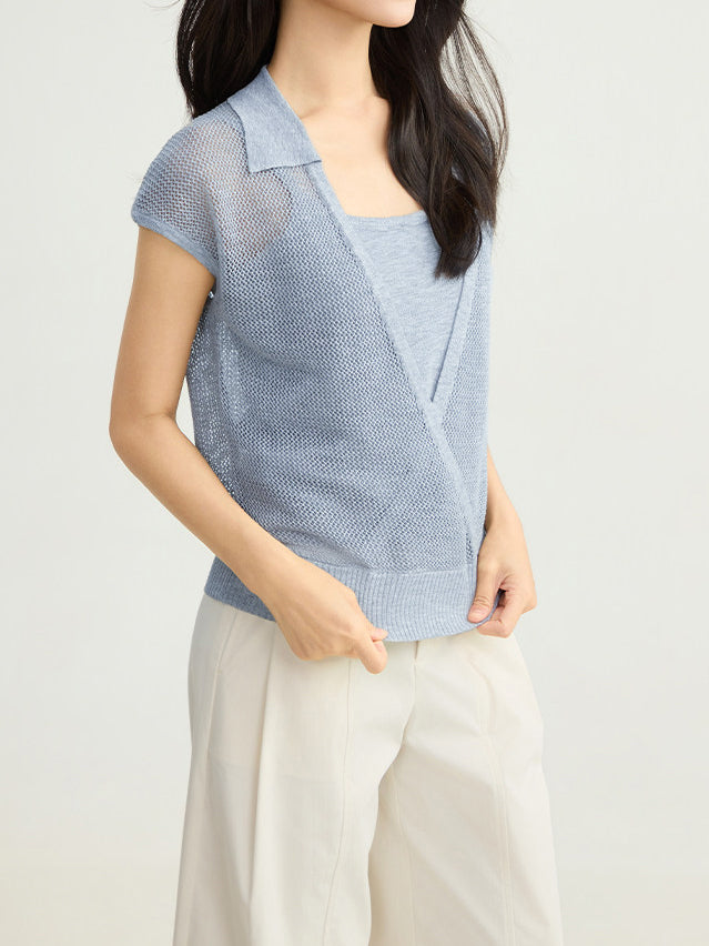 キーネックカシュクールネットトップス＋ニットキャミアンサンブル - SonderSable