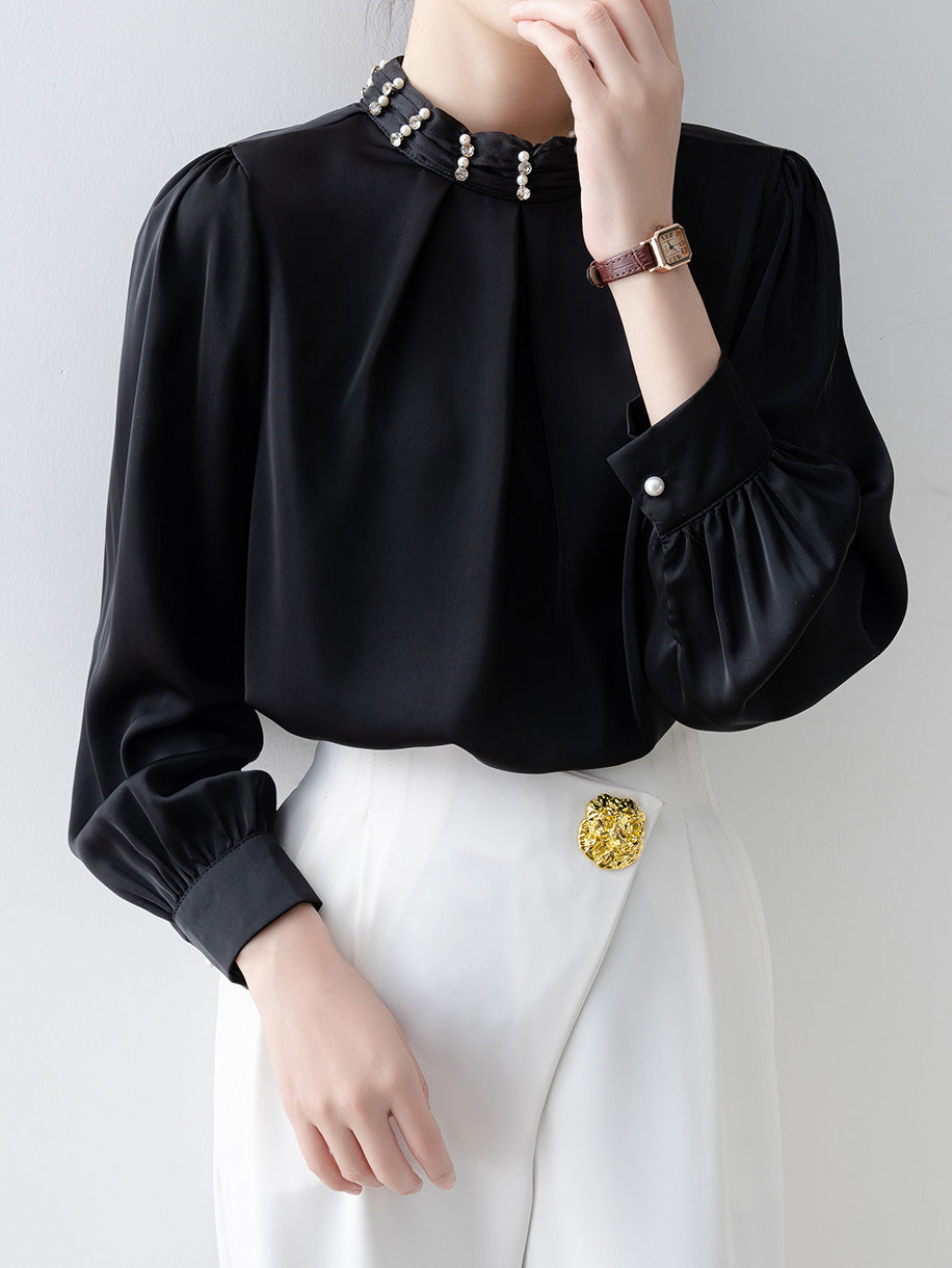 Pearl neck tuck glossy blouse (3 colors)