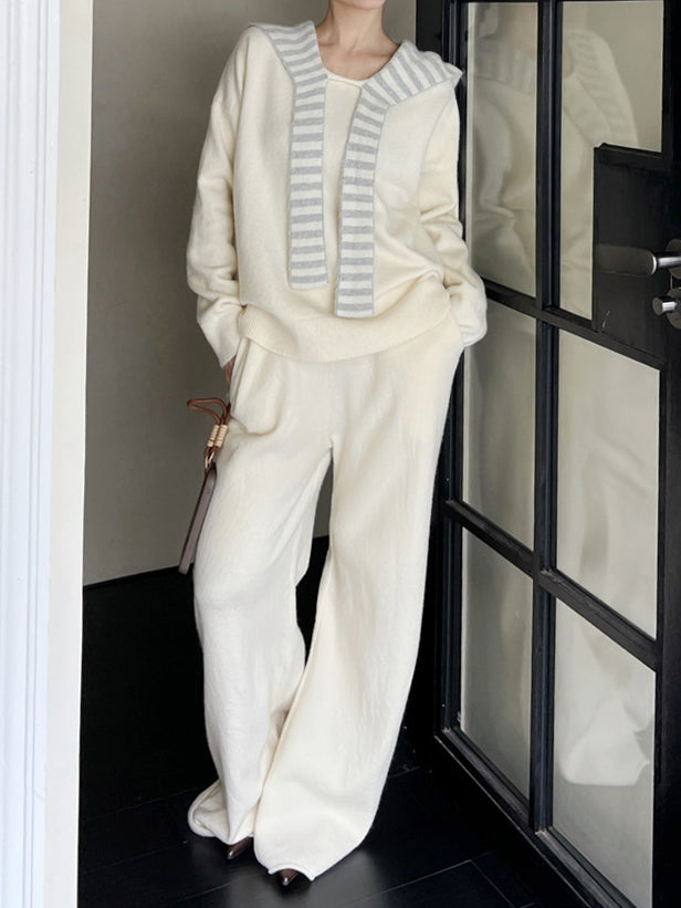 Striped Sailor Collar Pullover + Knit Wide Pants Set (3 Colors)