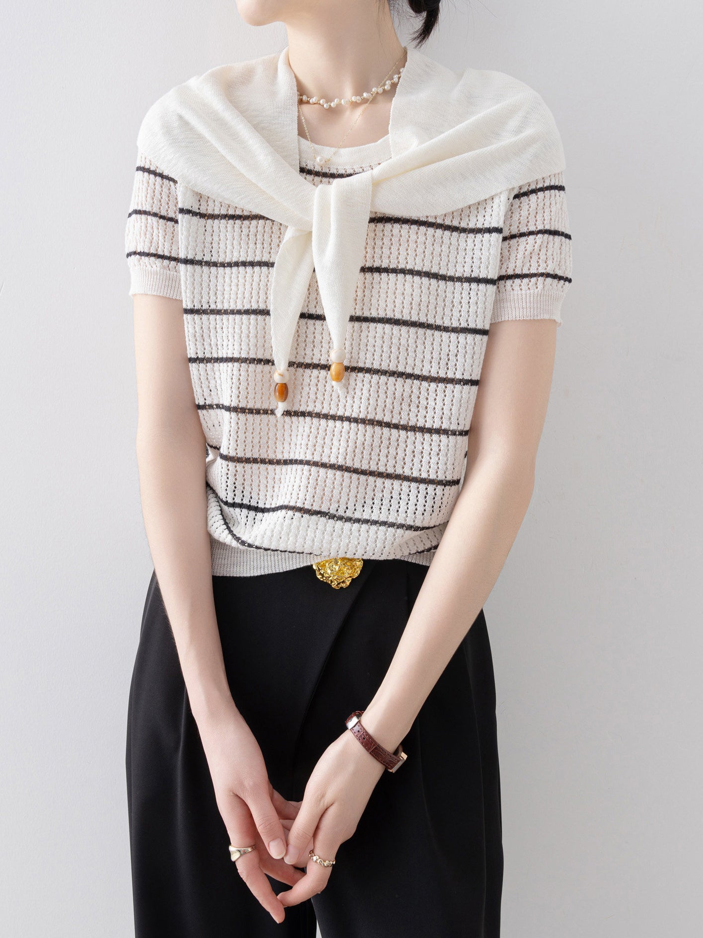 スカーフ付シアーパネルボーダーニット　3色入