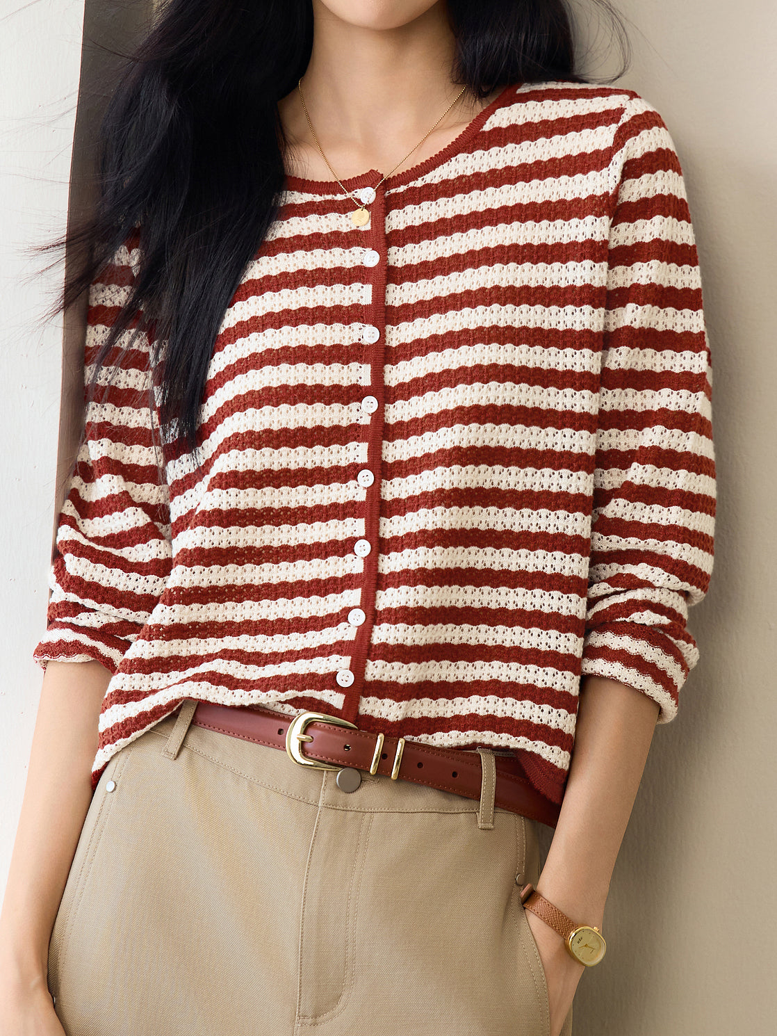 Crew neck striped cardigan (2 colors)
