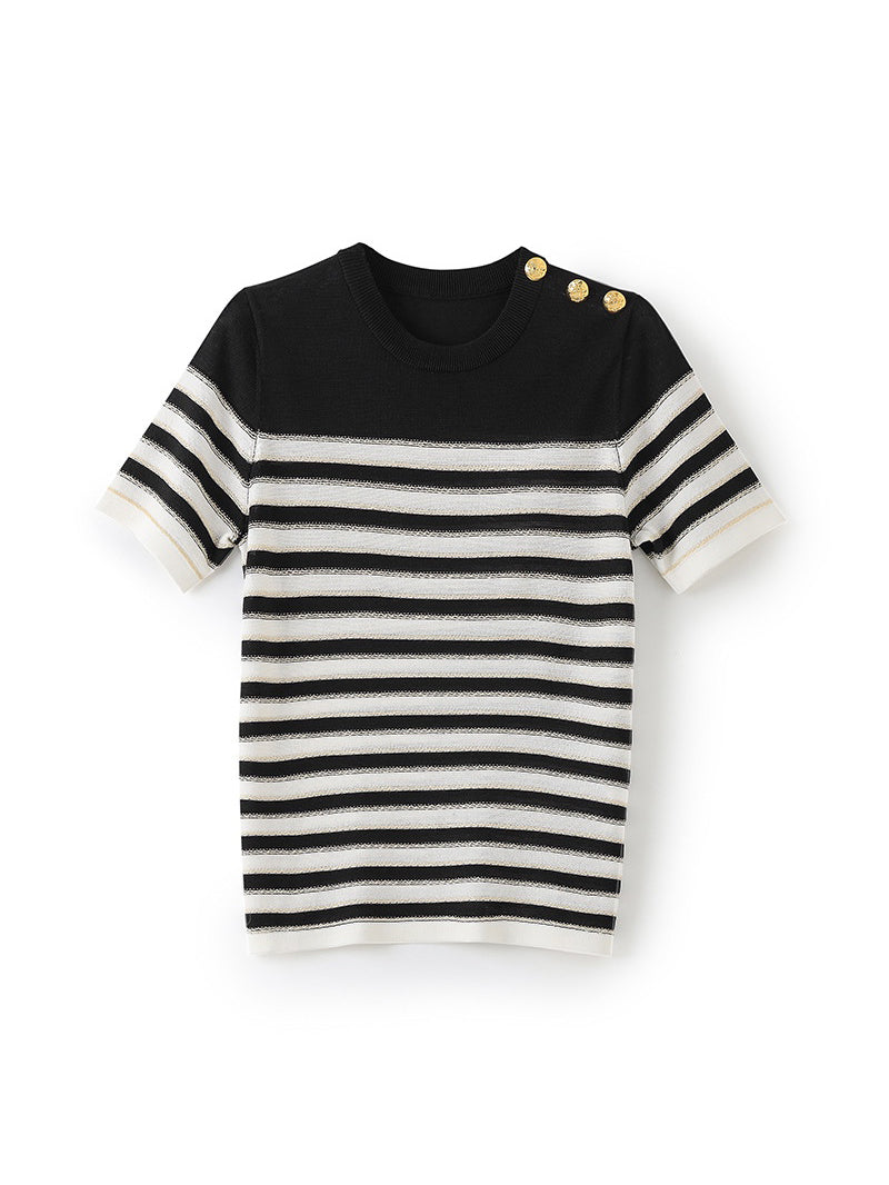 Shoulder metal button panel striped knit 2 colors