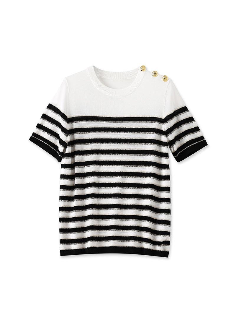 Shoulder metal button panel striped knit 2 colors