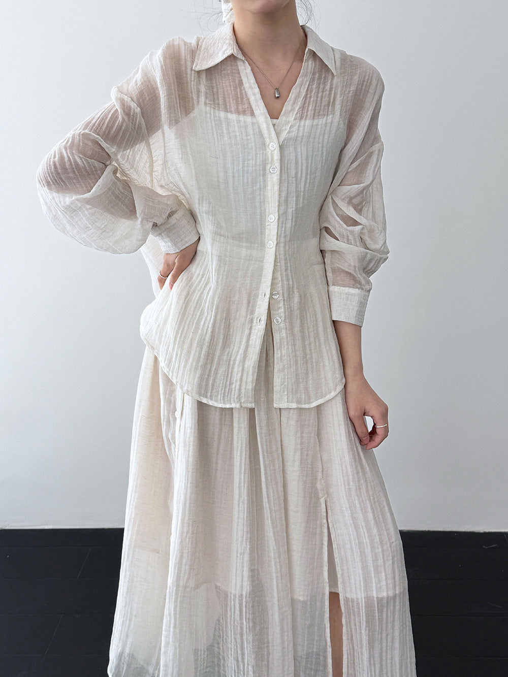 ワッシャープリーツシャツ＋サイドボタンワッシャプリーツスカートSET　3色入