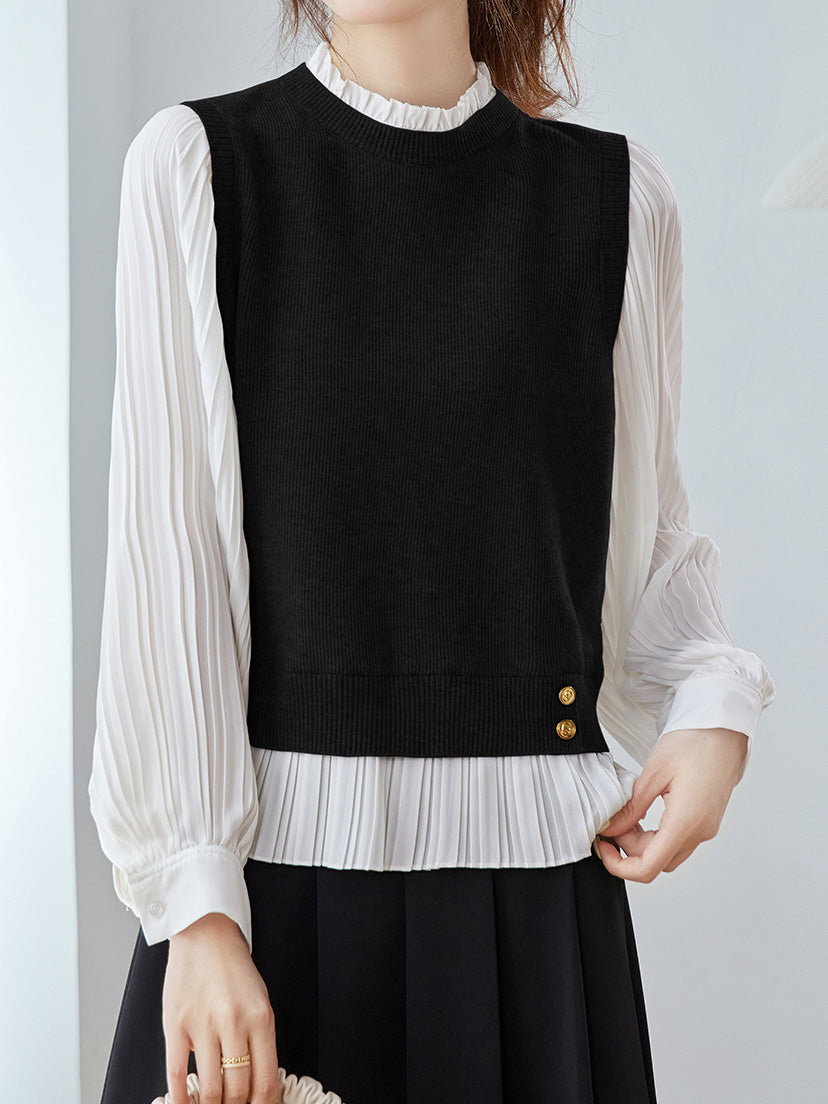 Pleated Dolman Sleeve Docking Jewel Button Knit (2 Colors)