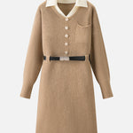 革ベルト付き配色襟ニットワンピース　3色入 - SonderSable