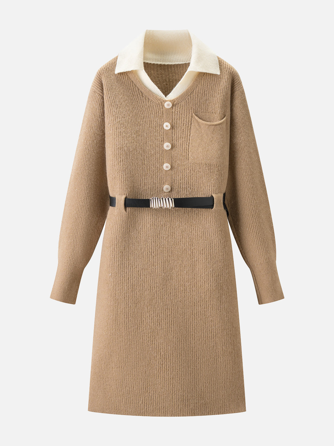 革ベルト付き配色襟ニットワンピース　3色入 - SonderSable