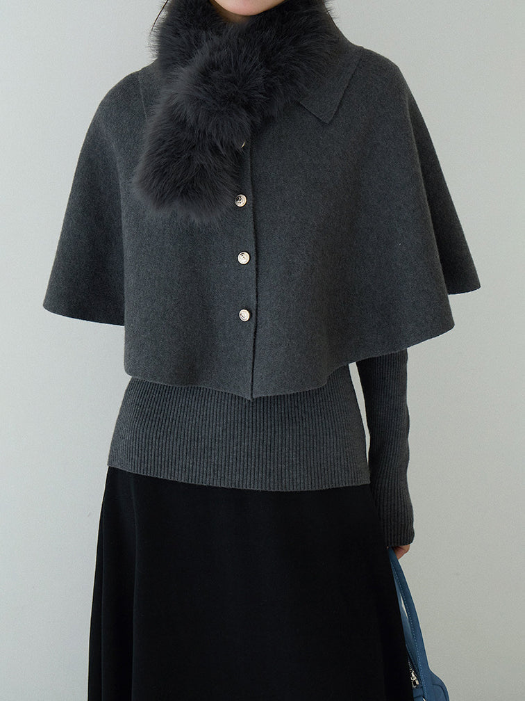 ファーティペット付きケープニット＋Vネックリブニットアンサンブル　2色入