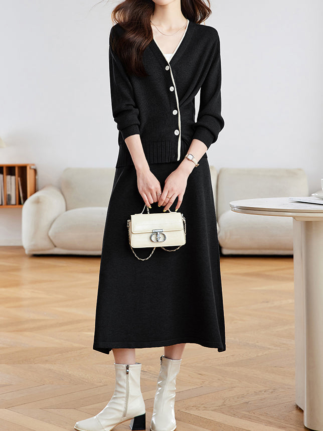 Diagonal Button Color-Patterned Cardigan + Knit Skirt Set (2 Colors)