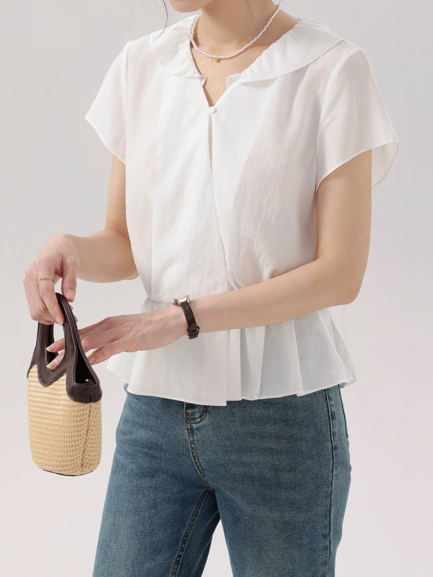 Frill collar cache-coeur peplum blouse in 2 colors