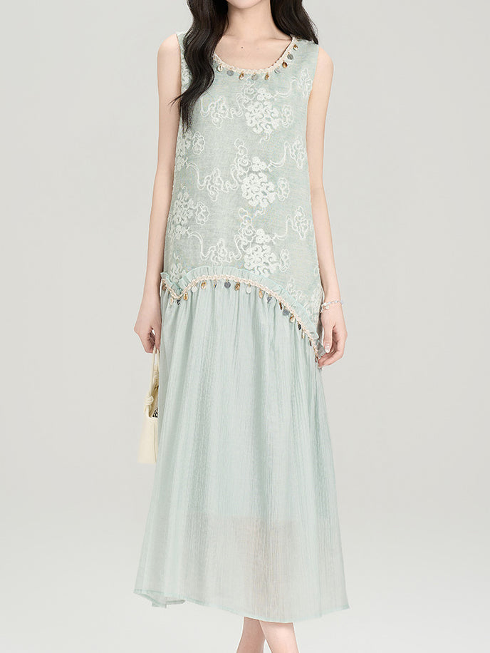 Shell bead lace docking long dress, 2 colors