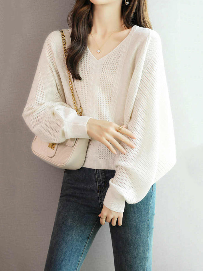 V-neck volume Aran knit 3 colors