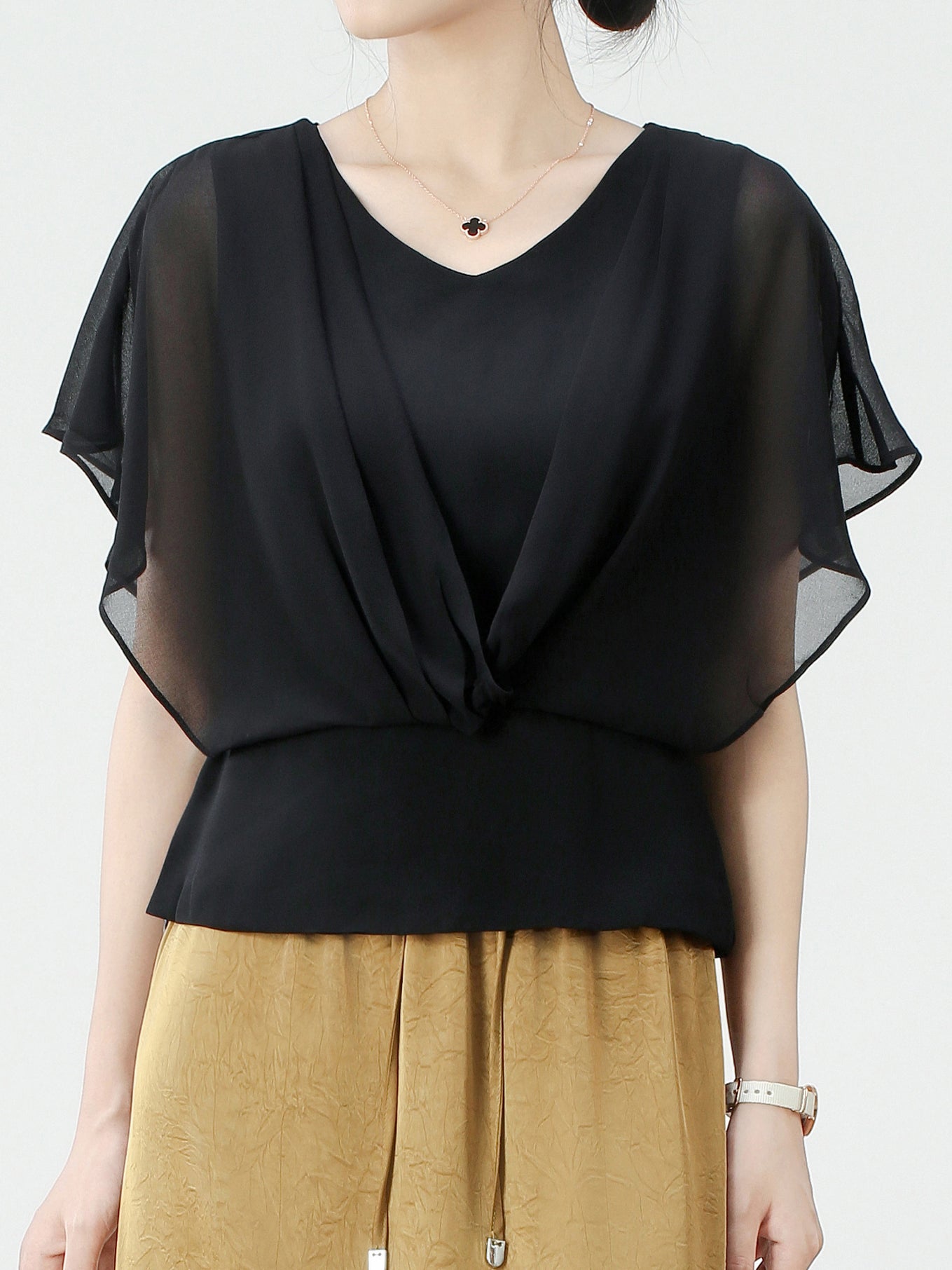 V-neck sheer flare chiffon blouse in 2 colors