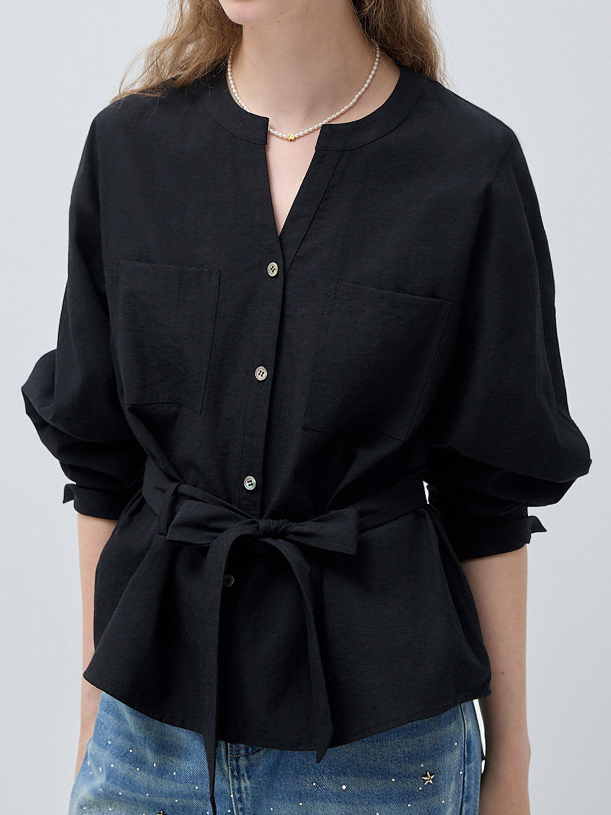 Key Neck Linen-Look Belted Blouse (4 Colors Available)