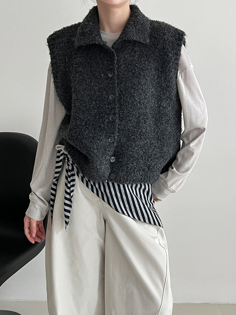 Feather yarn sleeveless cardigan with collar (4 colors)