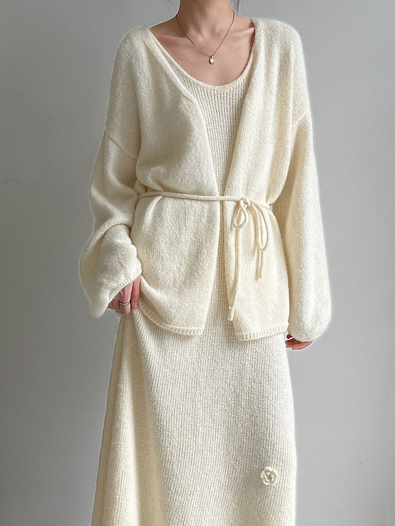 フラワーデザインタンクニットワンピース＋ベルテッドボリュームニットカーディガンSET　2色入