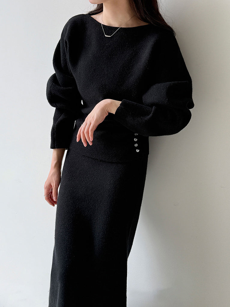 Side Button Waist Knit + Long Knit Skirt Set (4 Colors)