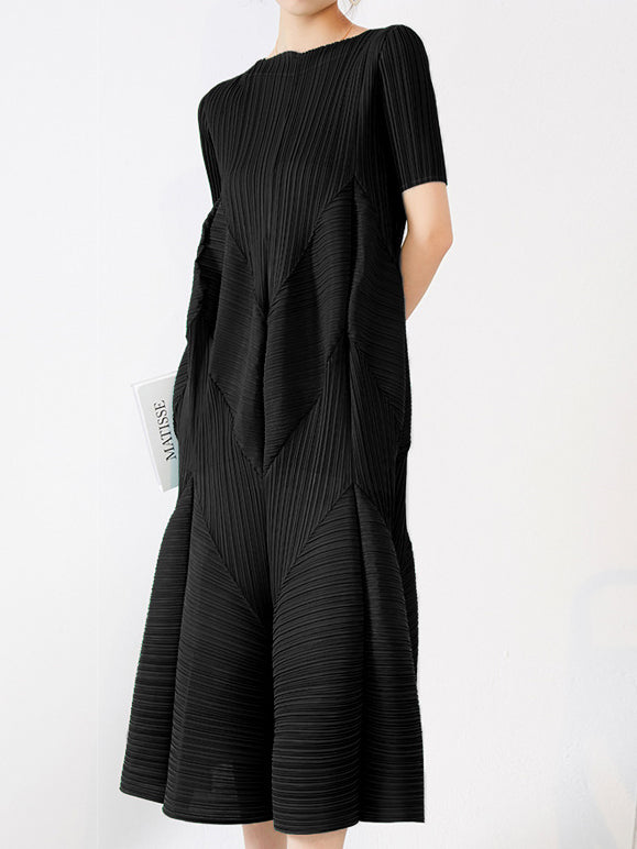 3D pleated short sleeve flared dress (4 colors)