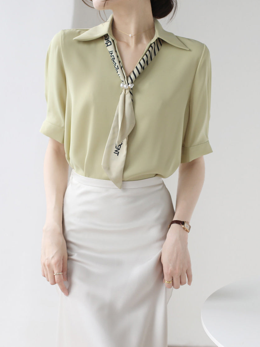 ストライプスカーフ半袖ブラウス　2色入