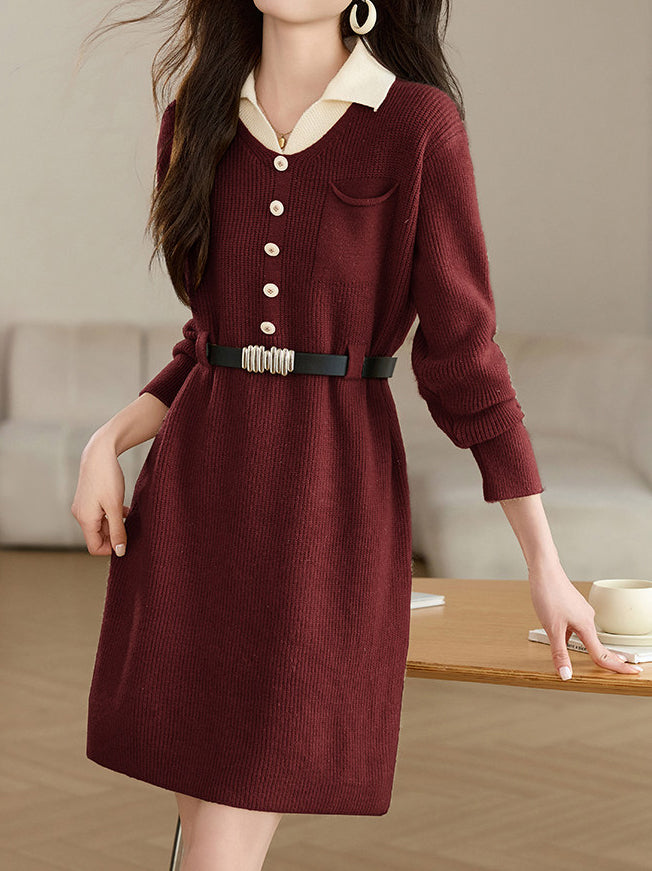 革ベルト付き配色襟ニットワンピース　3色入 - SonderSable