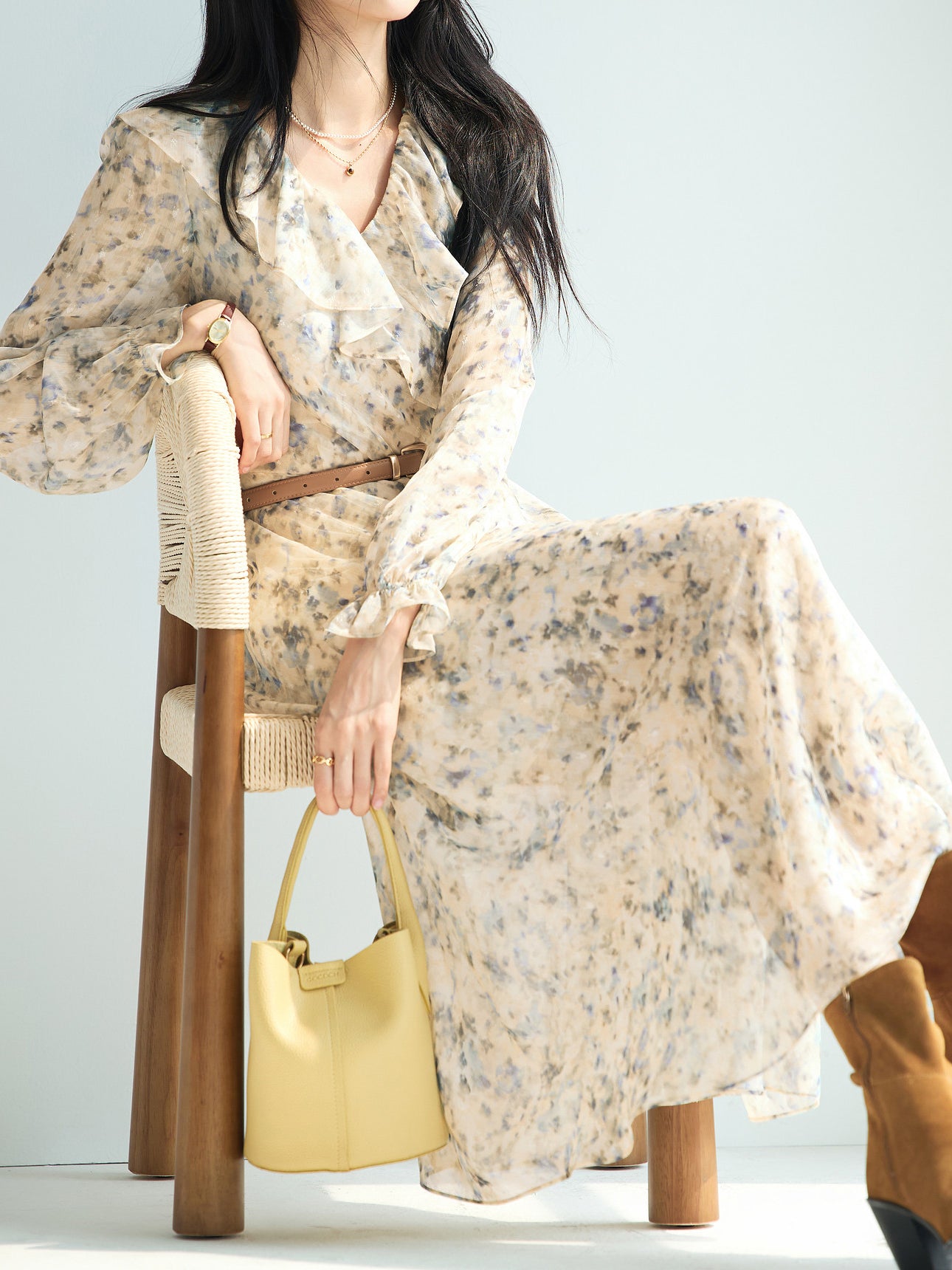 フリルフラワープリントシフォンワンピース　3色入 - SonderSable