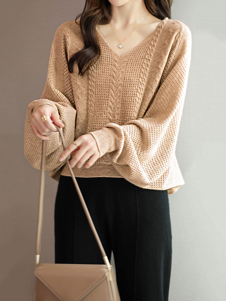 V-neck volume Aran knit 3 colors