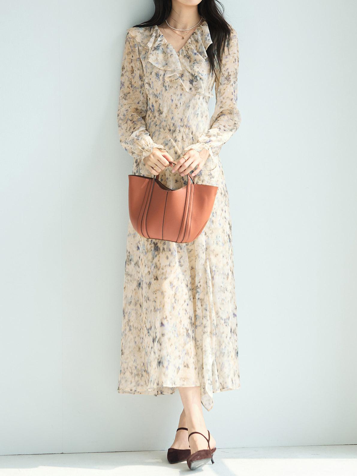 フリルフラワープリントシフォンワンピース　3色入 - SonderSable