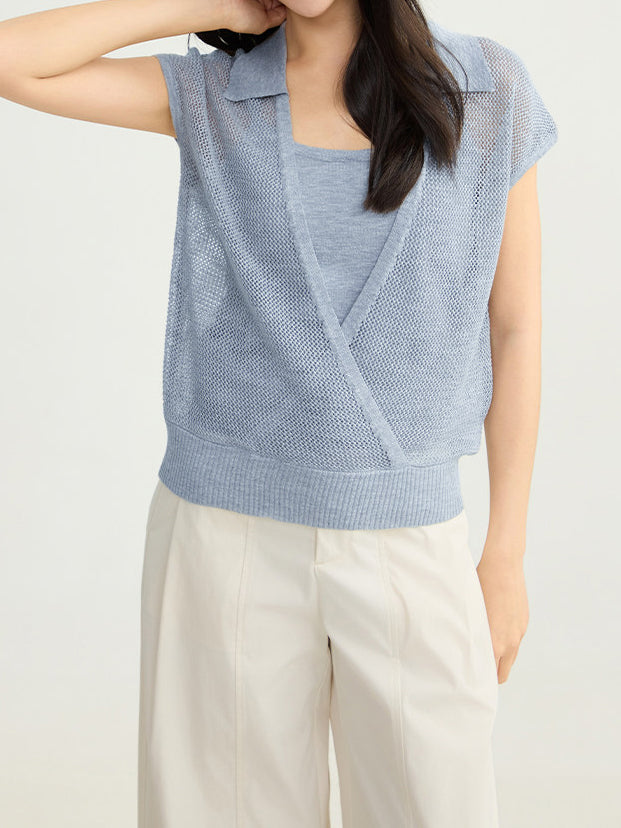 キーネックカシュクールネットトップス＋ニットキャミアンサンブル - SonderSable