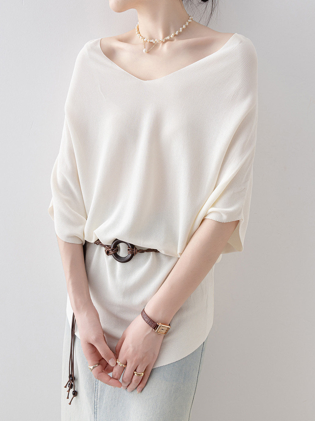 V-Neck Buckle Belt Dolman Knit Sweater (4 colors)