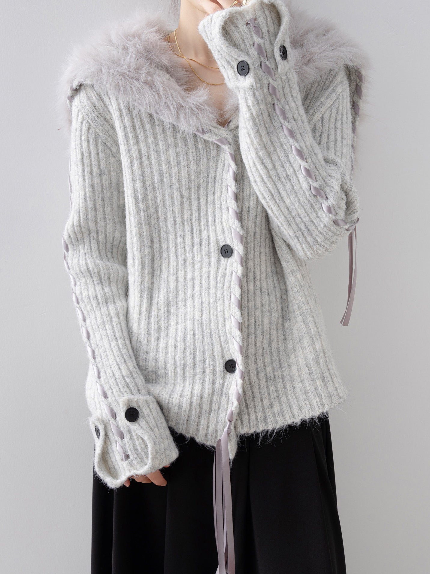 セーラーカラー編み込みロングリボンニットカーディガン　3色入 - SonderSable