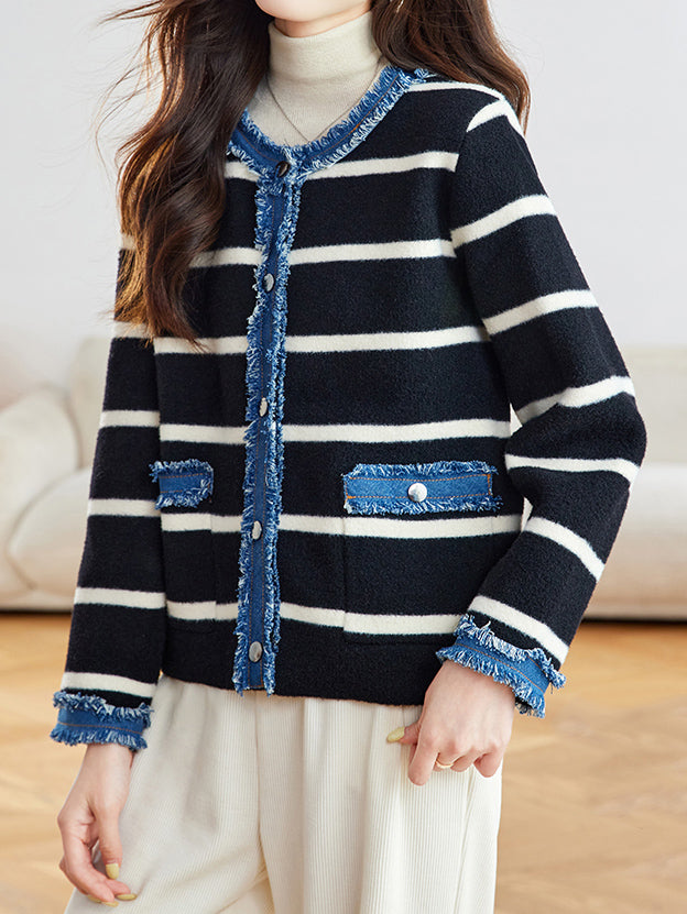 フリンジデニムドッキングボーダーカーディガン　2色入