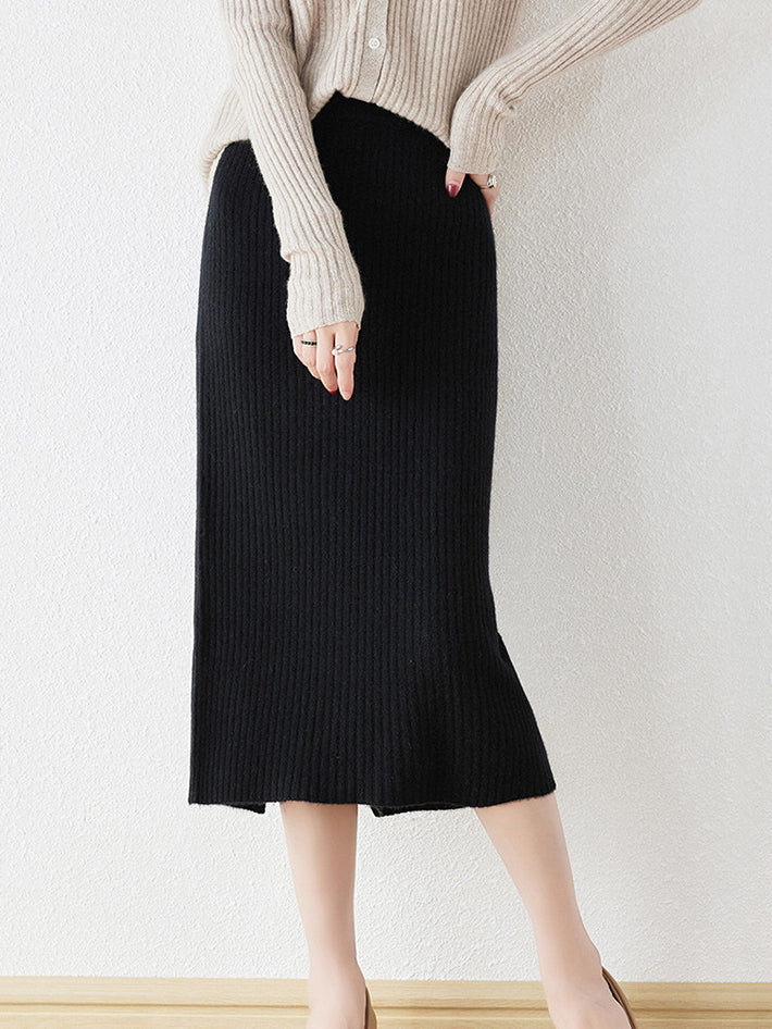 Merino wool rib knit tight skirt (4 colors)