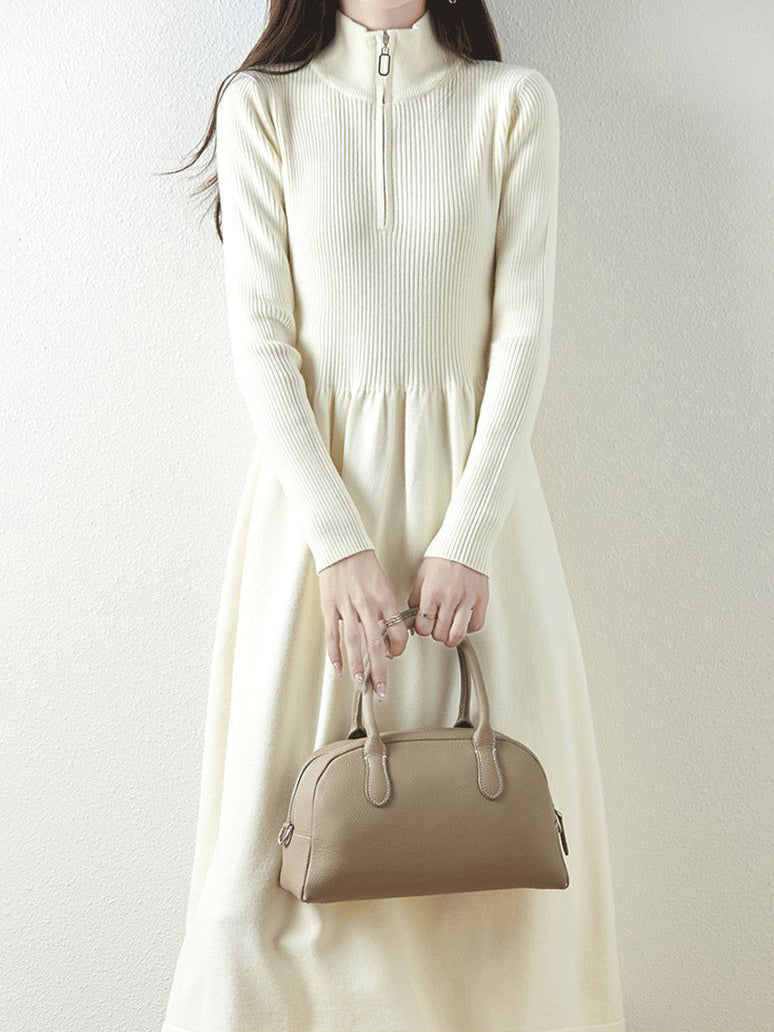 ハーフジップハイネックリブニットワンピース　5色入