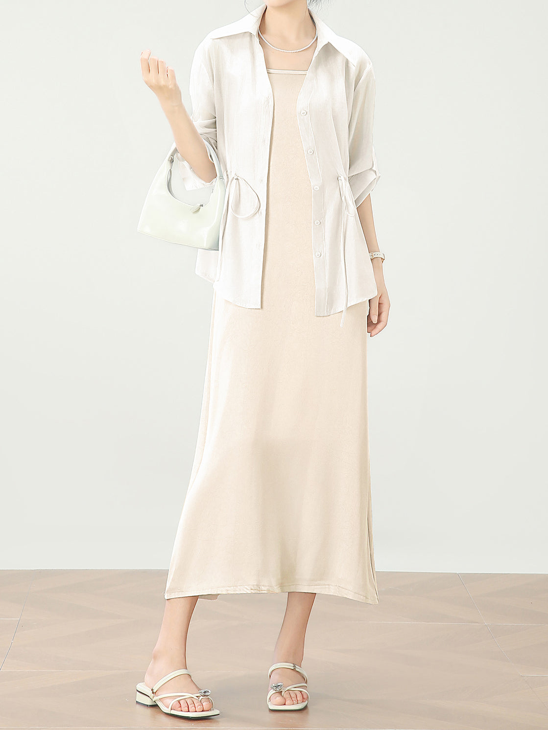 Sheer Tencel Drawstring Shirt + Satin Gloss Camisole Dress Set (2 Colors)