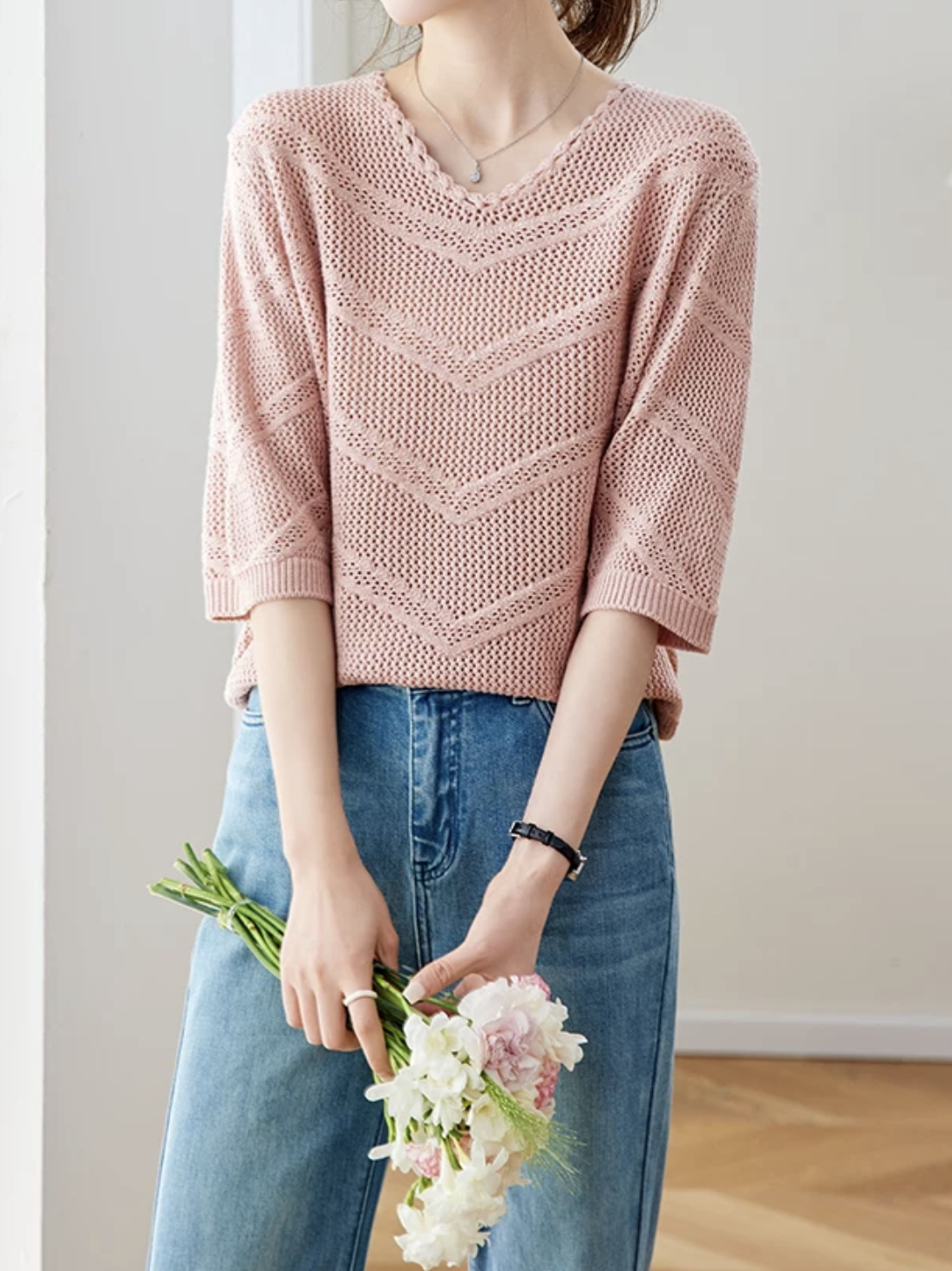 Scalloped Openwork Knit Top, 2 Colors
