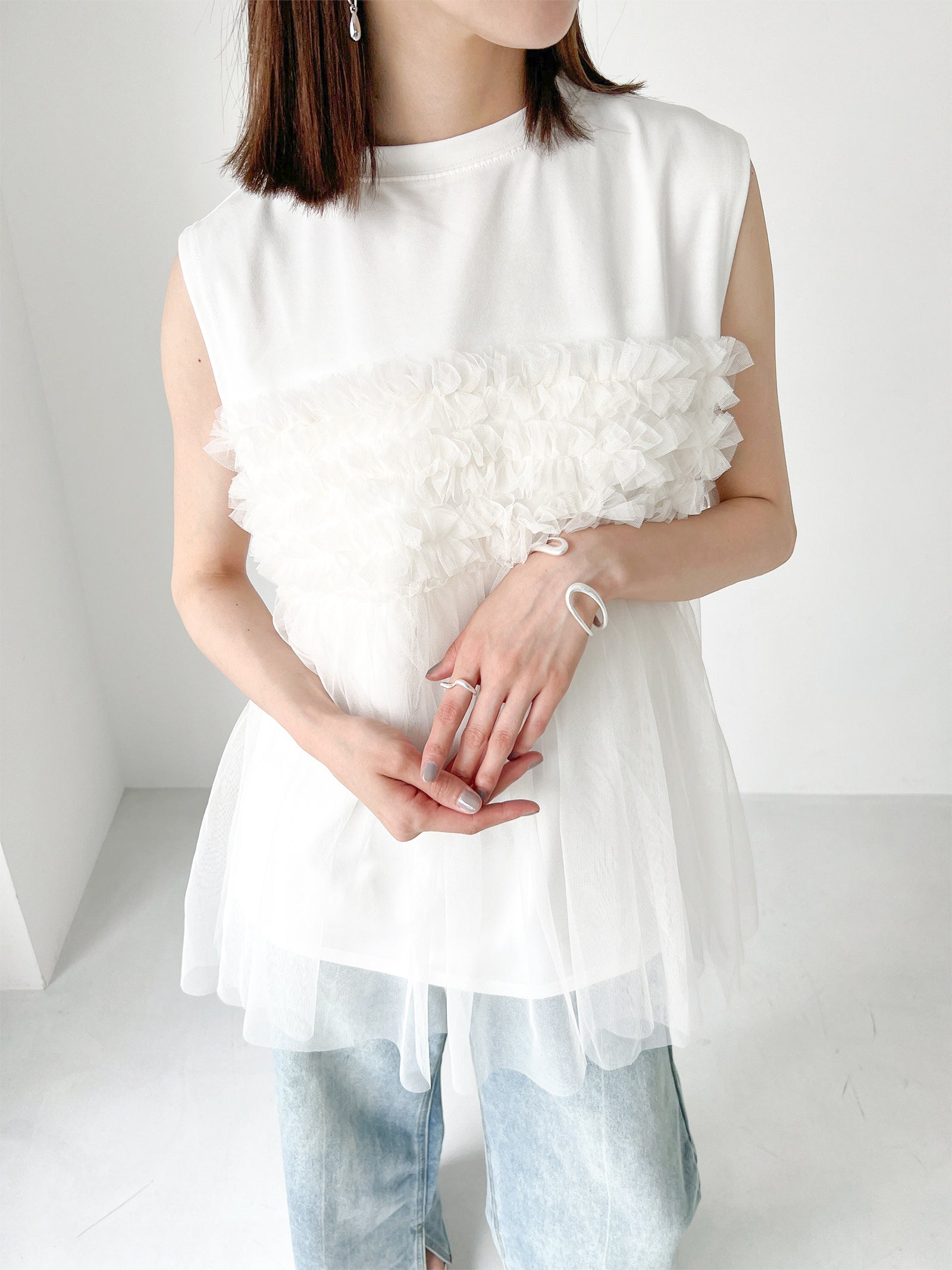 Frilled tulle docking tank top in 3 colors