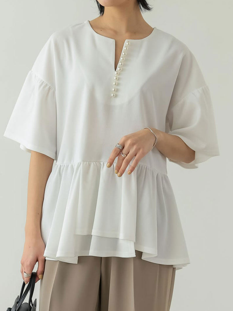 Pearl-trimmed keyhole cut georgette peplum blouse in 2 colors