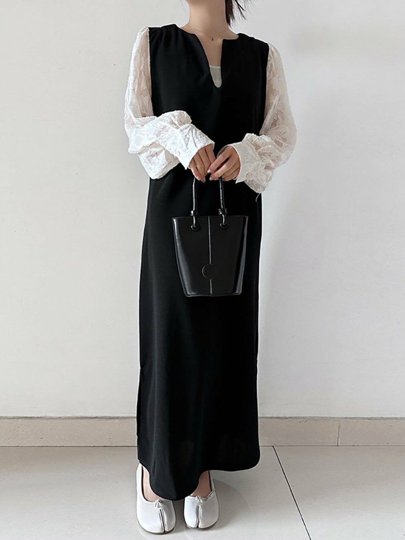 Two-way front and back jacquard voluminous sleeve long dress in three colors