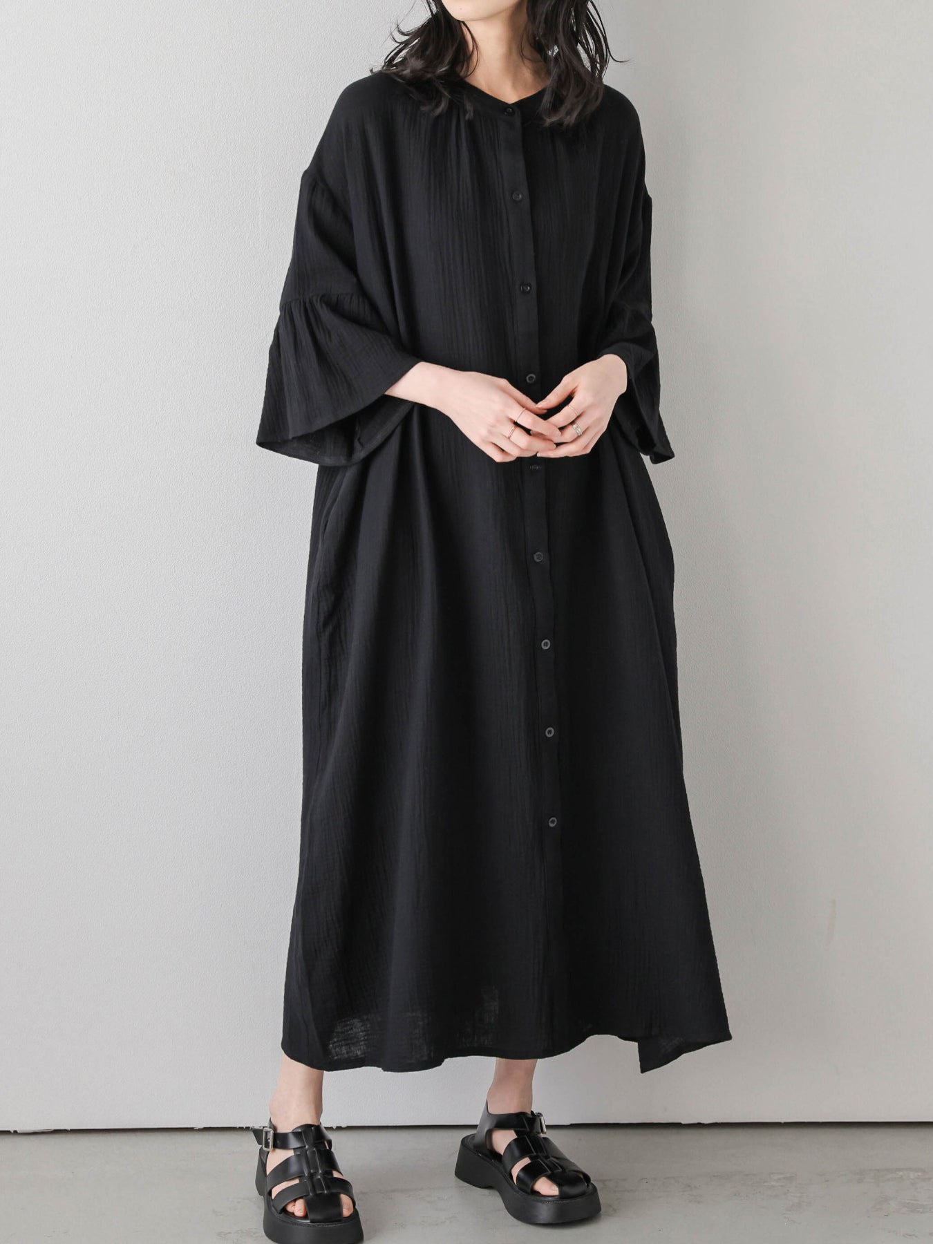 Flare Sleeve Long Shirt Dress (4 Colors)